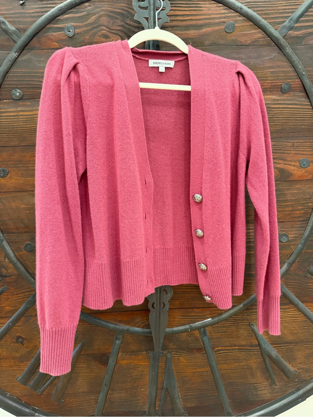 Veronica Beard Rose-Pink Puff-Sleeve Cashmere Cardigan